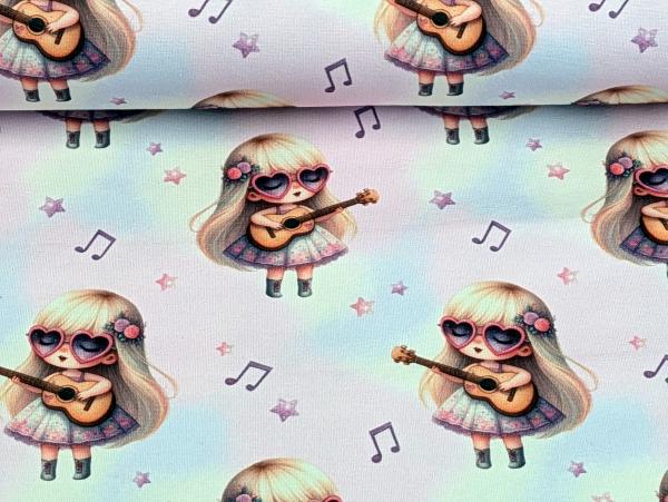 Eigenproduktion Baumwolljersey Kleines Mädchen Musikstar auf Regenbogen Rosa